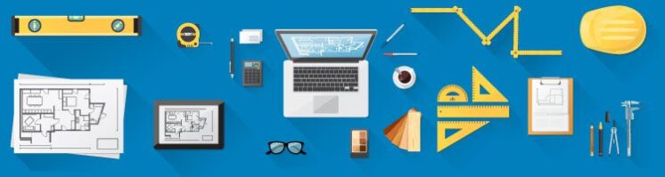 vector image showing tools, a laptop, glasses, and more items