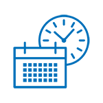 a calendar and clock icon in a blue icon