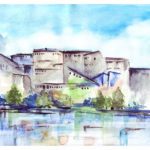 painting of a fort and a river